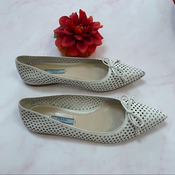 PRADA White Perforated Leather Bow Pointed Toe Ballet Flats 37 1/2 AUTHENTIC - Picture 2 of 8